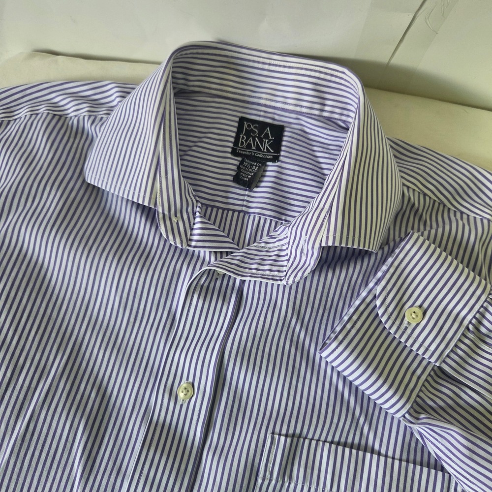 Jos A‎ Bank Travelers Collection Mens Purple Striped Tailored Fit Shirt 15.5 32